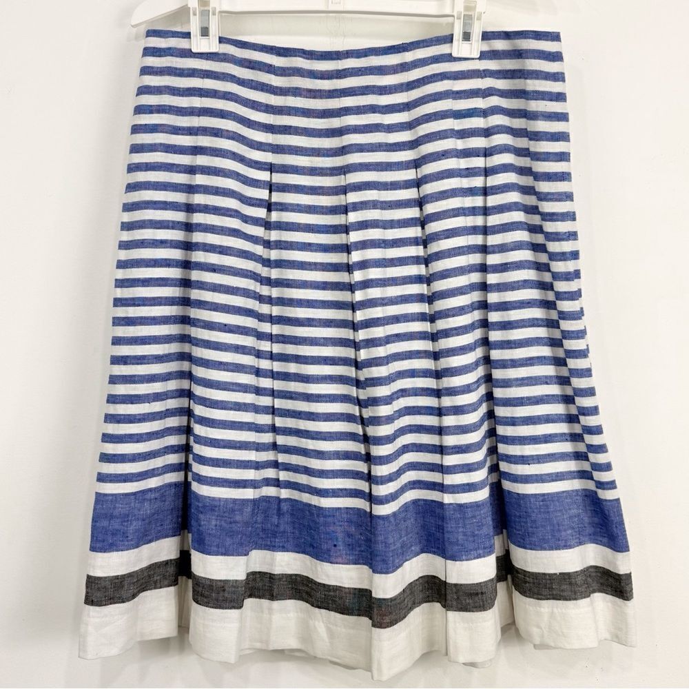 Talbots Blue White Stripe 100% Linen Nautical Coastal Preppy Pleated Skirt